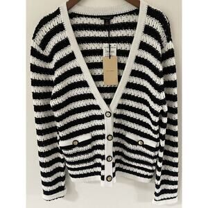 Halogen Striped Womens Size M Cardigan Sweater Woven Black White Coastal New